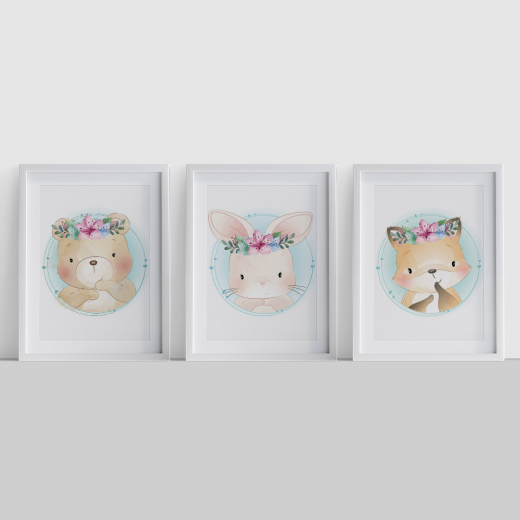 3er Poster Set Tiere mit Blumen A4-Format Bär, Hase und Fuchs