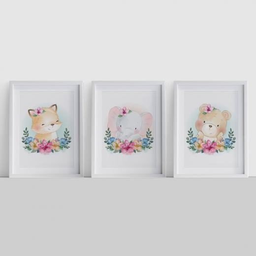 3er Poster Set Tiere mit Blumen A4-Format Fuchs, Elefant und Bär