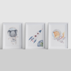 3er Poster Set Astronaut Tiere A4-Format Elefant, Rakete und Fuchs