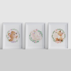 3er Poster Set Tiere mit Blumenkranz A4-Format Bär, Hase und Fuchs