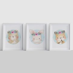 3er Poster Set Tiere mit Blumen A4-Format Bär, Hase und Fuchs