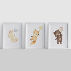 3er Poster Set Tiere mit Ballon A4-Format Hase, Fuchs und Bär
