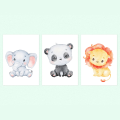 3er Poster Set Safari Tiere A4-Format Elefant, Pandabär und Löwe