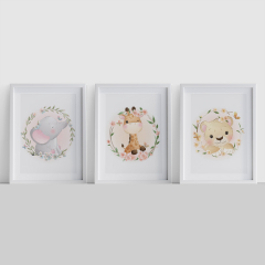 3er Poster Set Tiere mit Blumenkranz A4-Format Elefant, Giraffe und Löwe