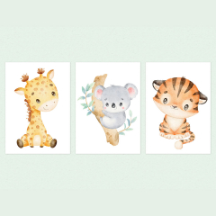 3er Poster Set Safari Tiere A4-Format Giraffe, Koala und Tiger