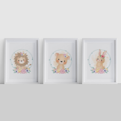 3er Poster Set Tiere mit Blumen A4-Format Löwe, Bär und Hase
