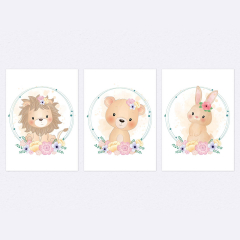 3er Poster Set Tiere mit Blumen A4-Format Löwe, Bär und Hase